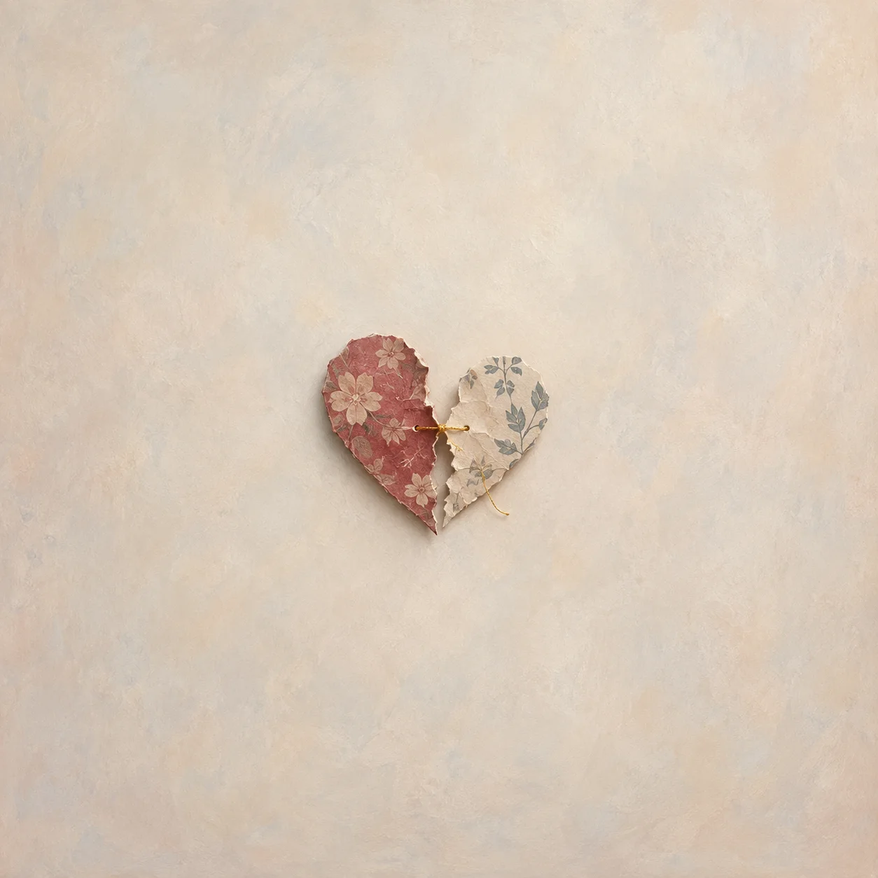 Two differently patterned floral paper halves form a heart joined by a thin golden thread on cream ground.