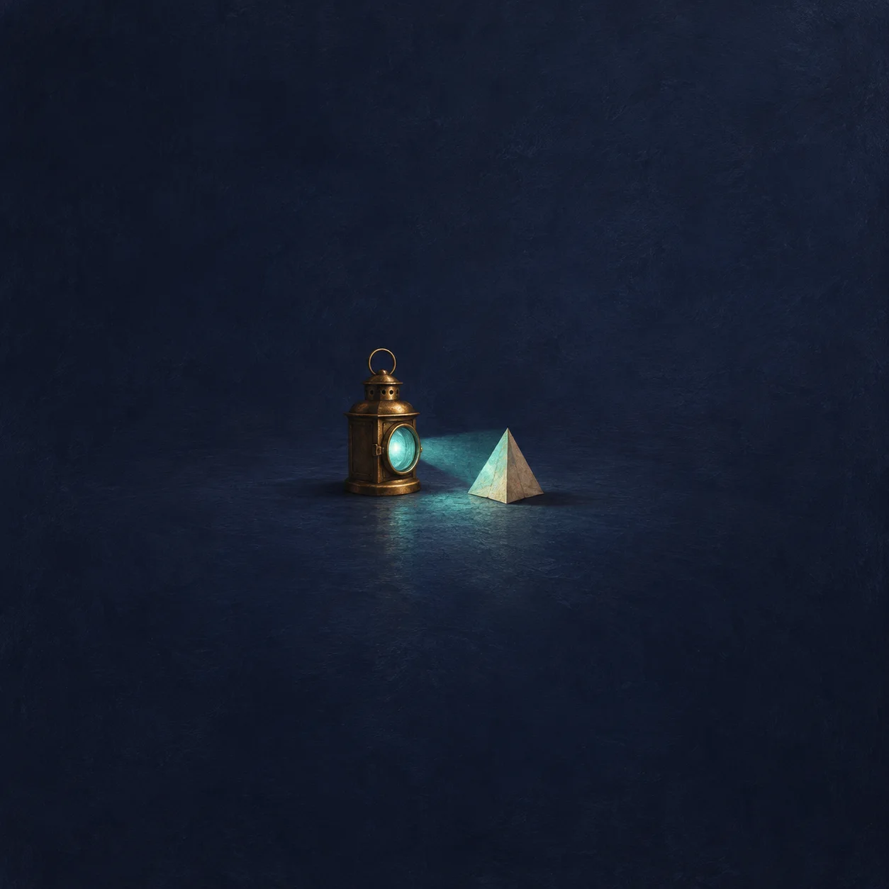 A brass lantern casts a turquoise beam toward a small pale paper pyramid.