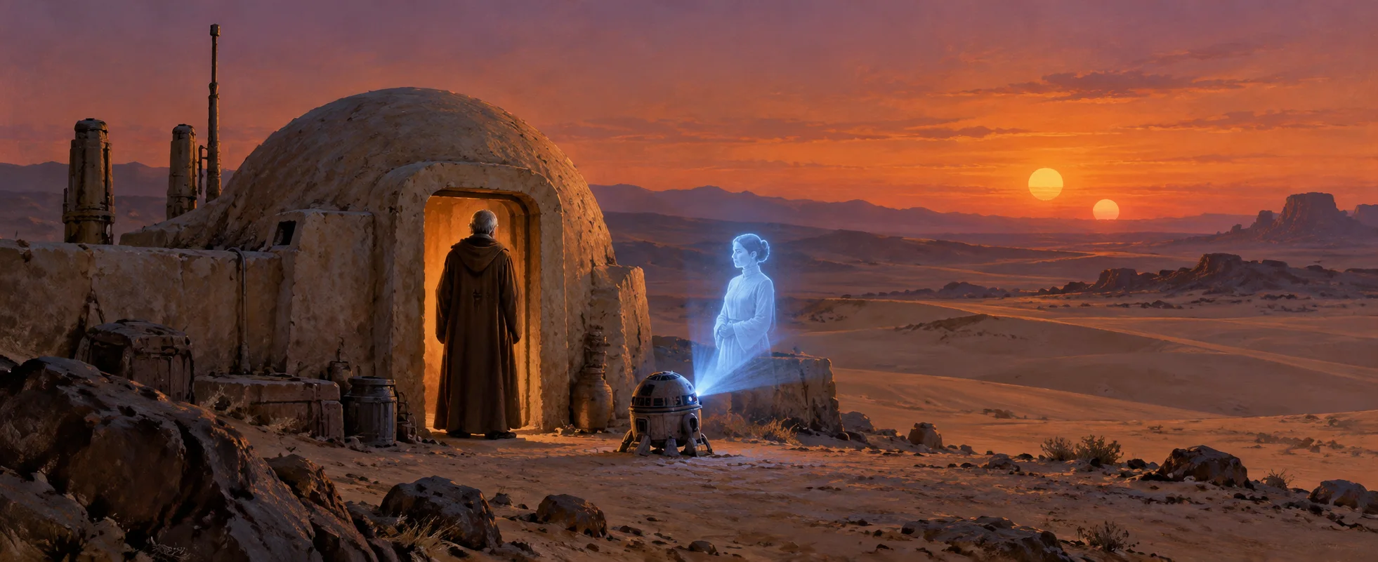 An old robed hermit stands in the doorway of a desert hut at twin sunset as a small droid projects a blue hologram of a young woman.