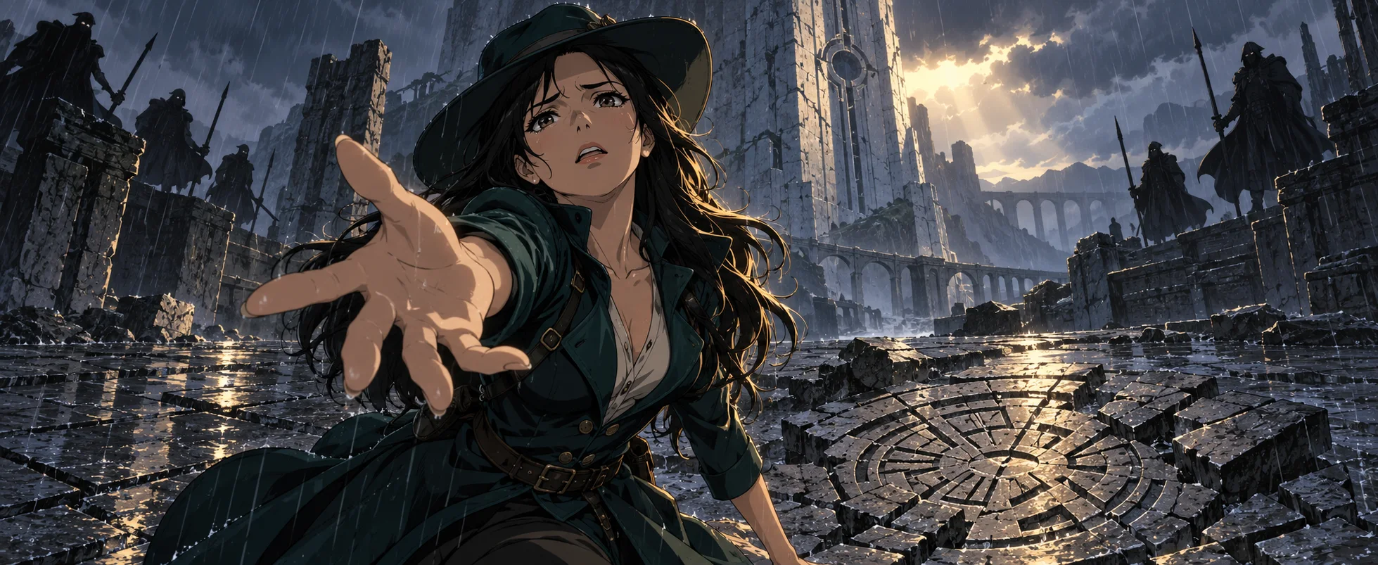 A dark-haired woman reaches out a hand across a rain-soaked stone plaza, a fortress looming behind her.