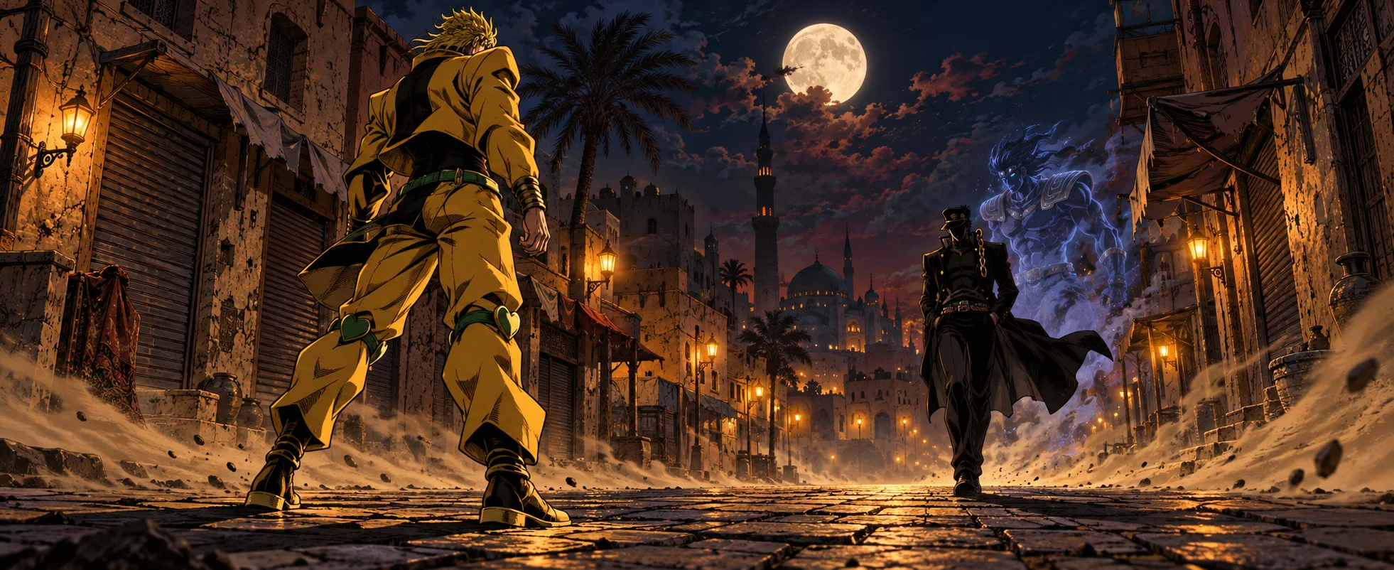 A tall blond figure in yellow, seen from behind, waits on a moonlit Cairo street as a teenager in a long dark coat and cap walks steadily toward him.