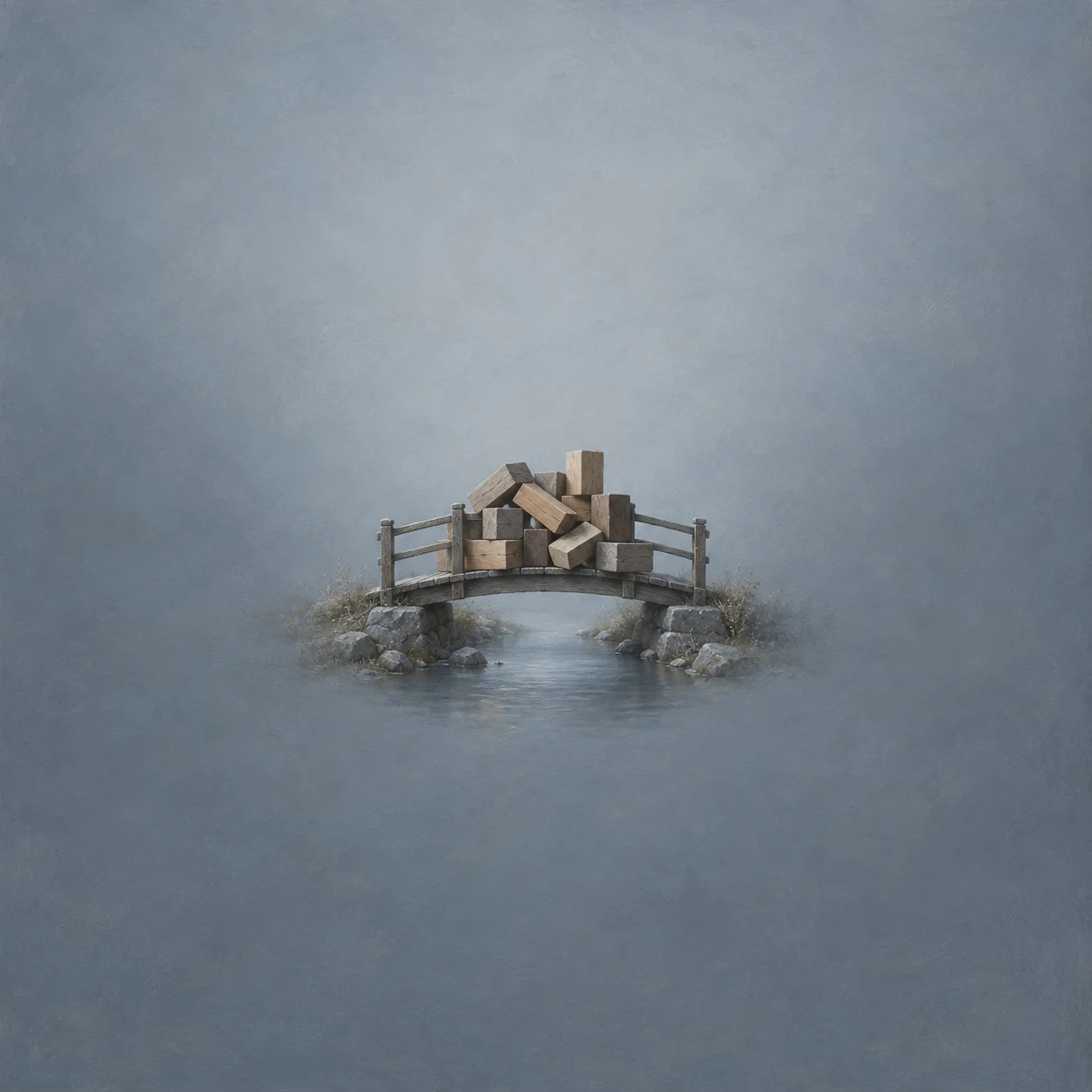 A small wooden footbridge is crowded with plain wooden blocks above a shallow blue-gray stream.