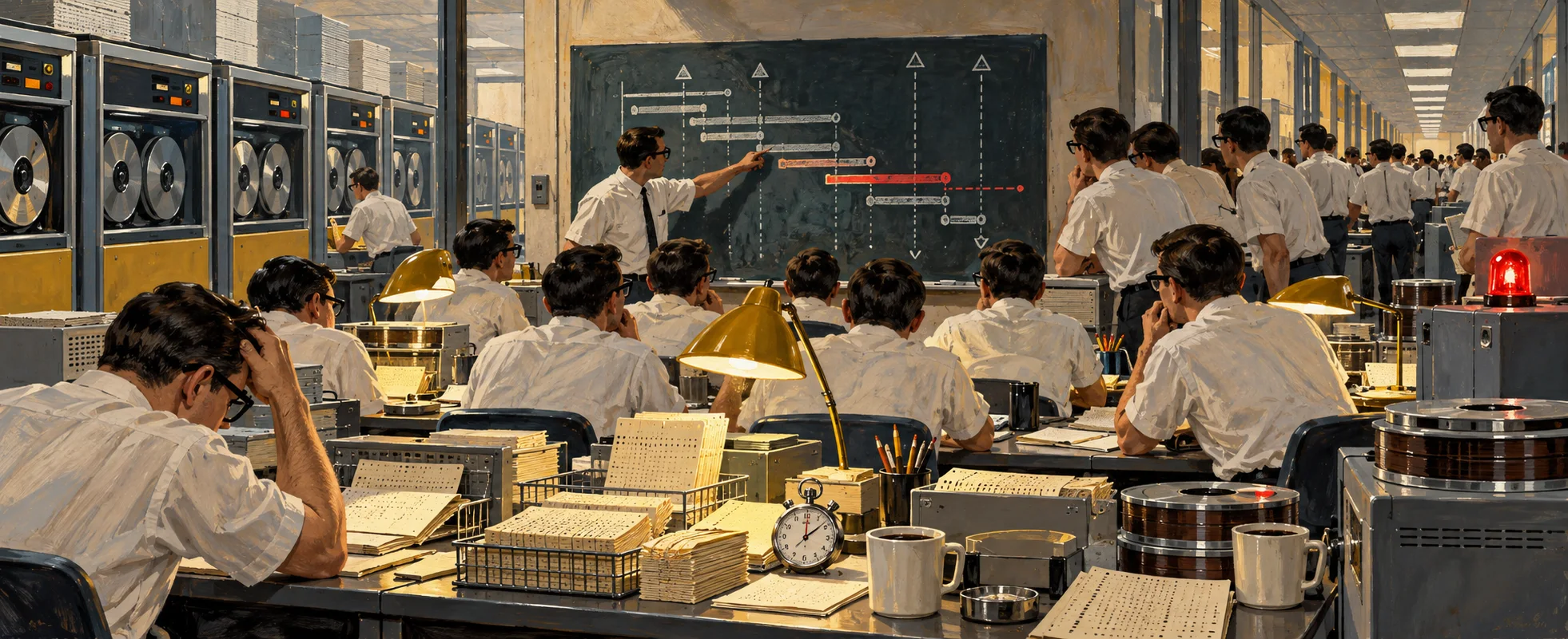 A crowded 1960s machine room of programmers in white shirts at desks as a manager points at a schedule on a blackboard.