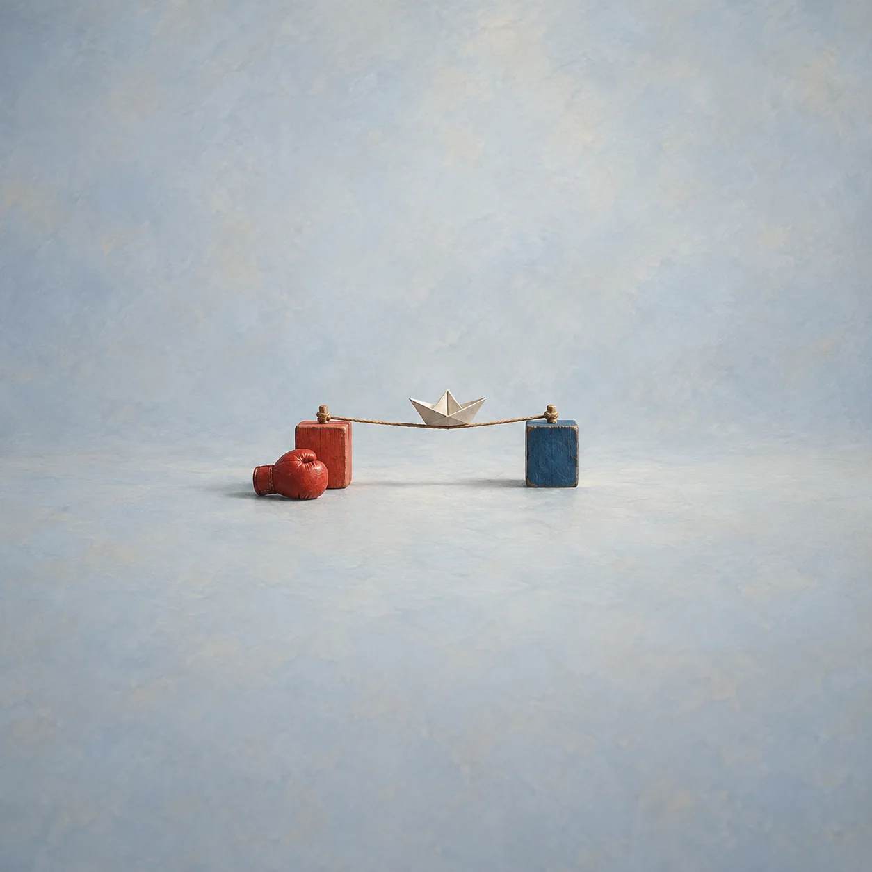 A paper boat rests on a rope stretched between red and blue blocks, beside a red boxing glove.