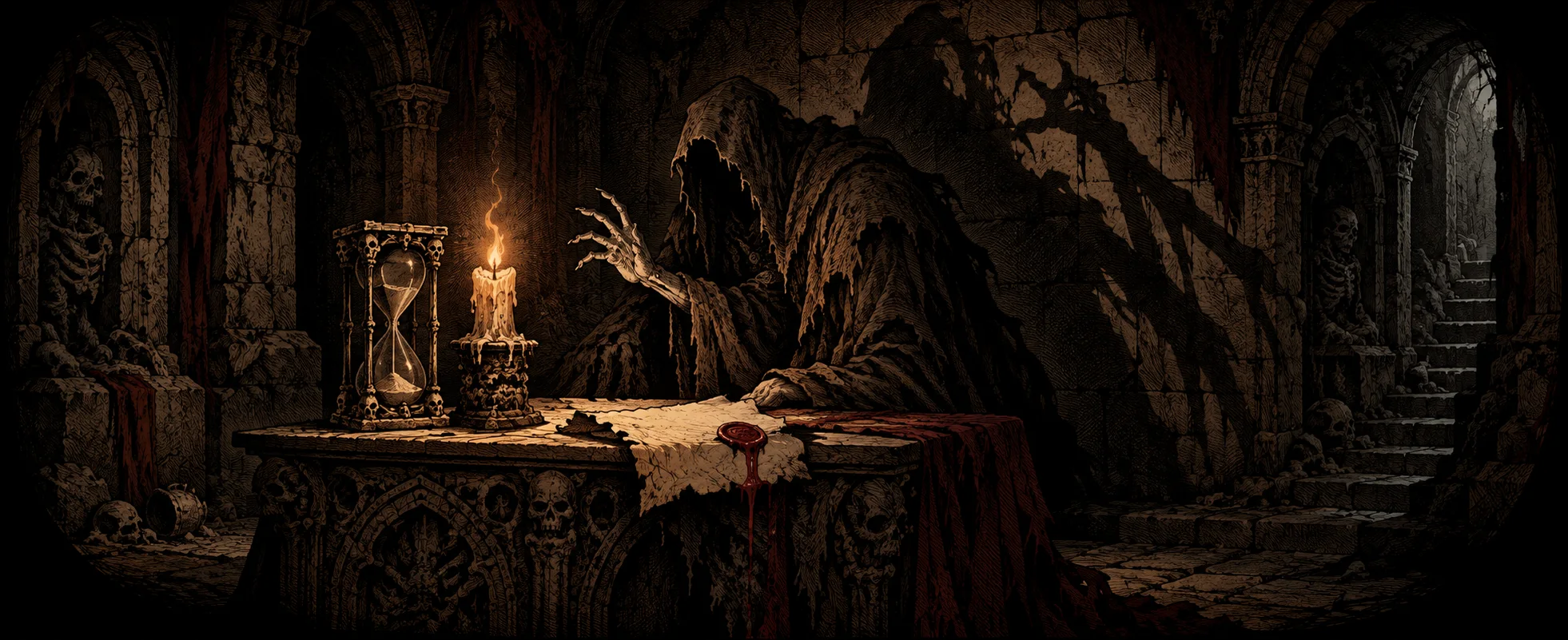 A hooded ancestor reaches over a desk with an hourglass and a candle in a crumbling crypt.