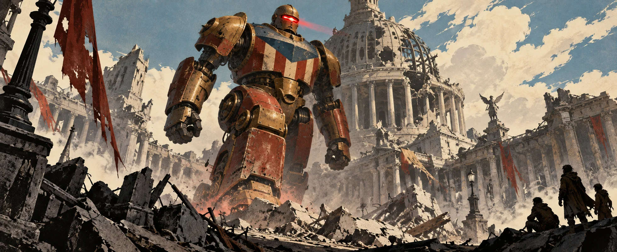 A giant patriotic war robot stomps through a ruined capital past a shattered domed building.