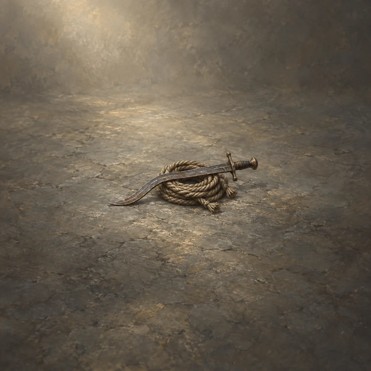 A bent dark sword lies across coiled rope on weathered stone.