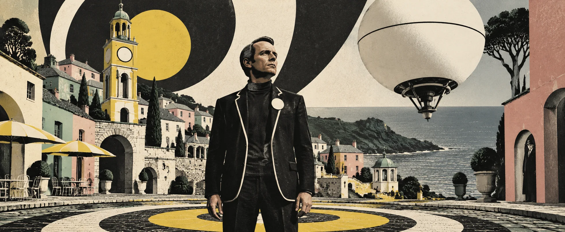 A man in a black piped blazer stands defiant on a patterned plaza in a pastel Italianate seaside village as a giant white balloon hovers nearby.