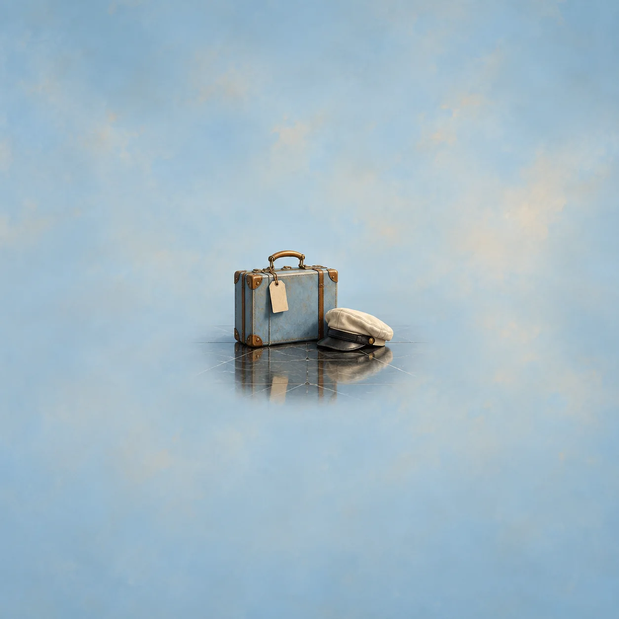A blue suitcase and a pale driver’s cap sit on a reflective surface against pale blue.