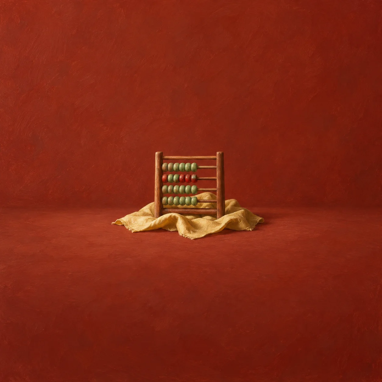 A wooden abacus with pale green beads rests on yellow cloth against brick red.