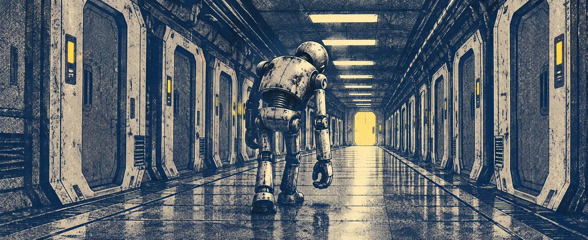 A dejected robot trudges down a long spaceship corridor of identical doors in a blue-and-cream duotone print.