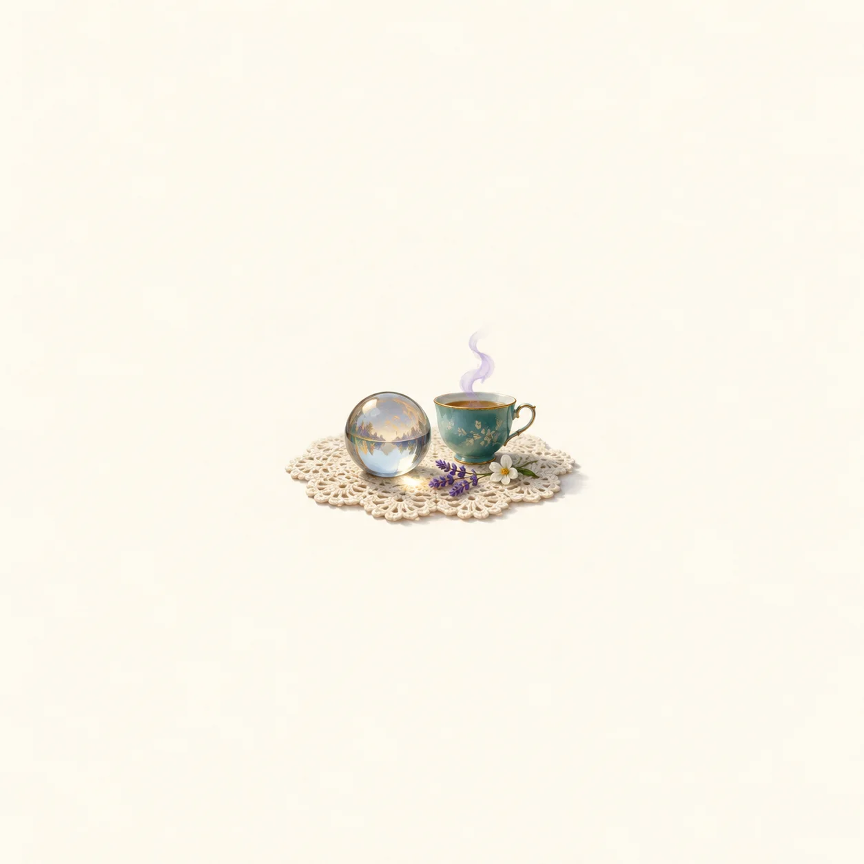 A clear glass ball and a small teacup with purple steam rest on a lace doily beside lavender flowers.