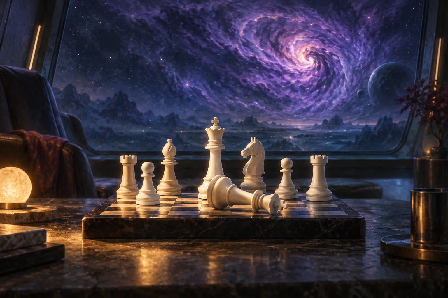A white chess king lies on its side before neatly arranged pieces, with a violet cosmic storm beyond the window.