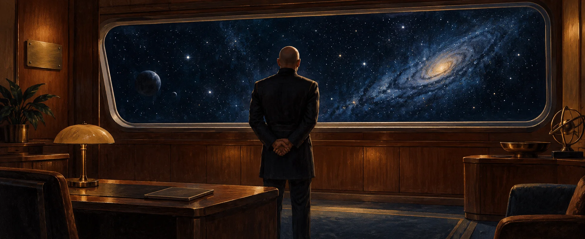 A captain stands with hands clasped in his ready room, looking out at a spiral galaxy.