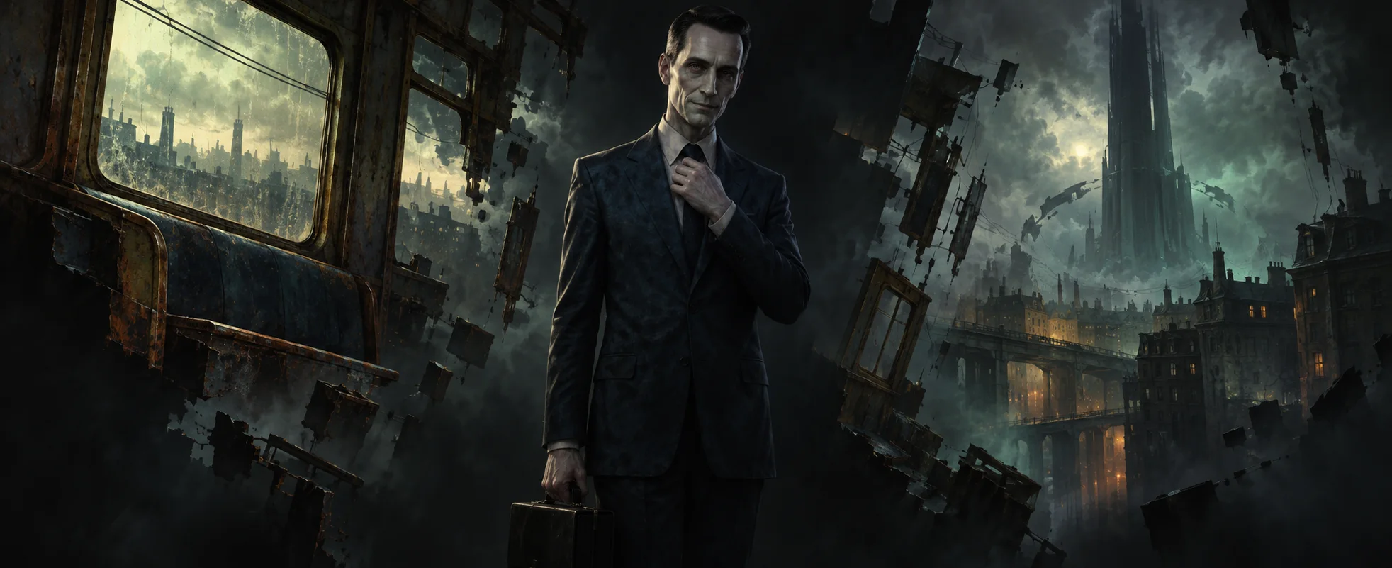 The G-Man, gaunt in a dark blue suit and holding a briefcase, straightens his tie in a dark void where fragments of a train carriage and the tall alien Citadel of City 17 drift.