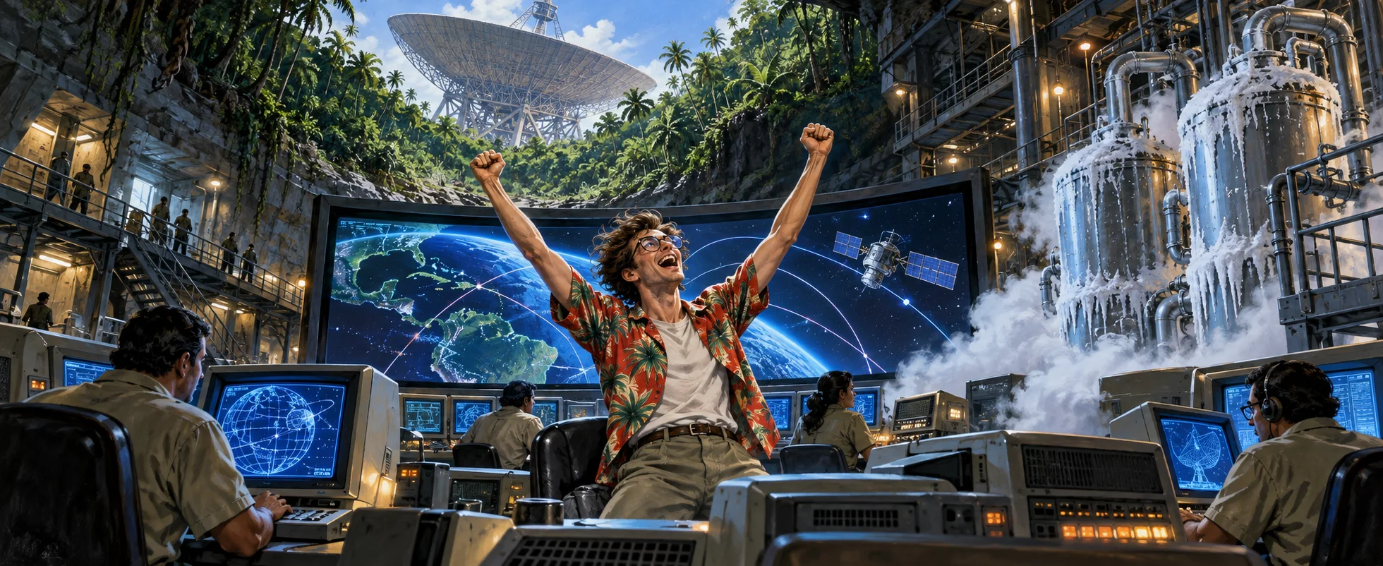 A programmer in a loud shirt leaps up with his arms raised in a jungle satellite control room as frost creeps over the coolant tanks.