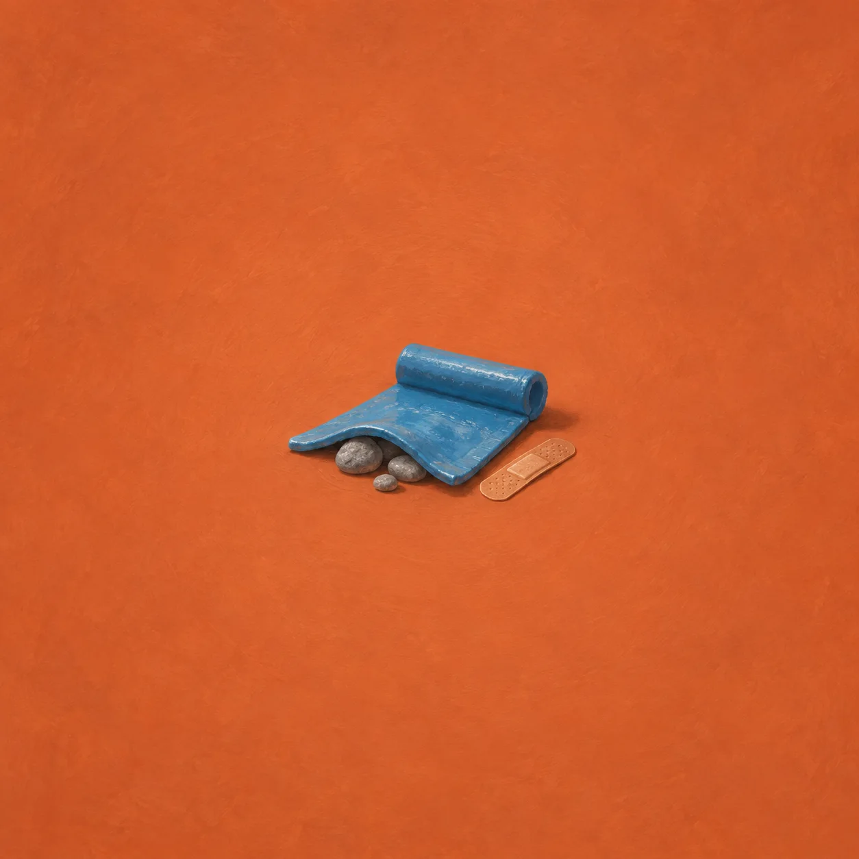 A rolled blue mat lies partly over grey pebbles beside a beige sticking plaster.