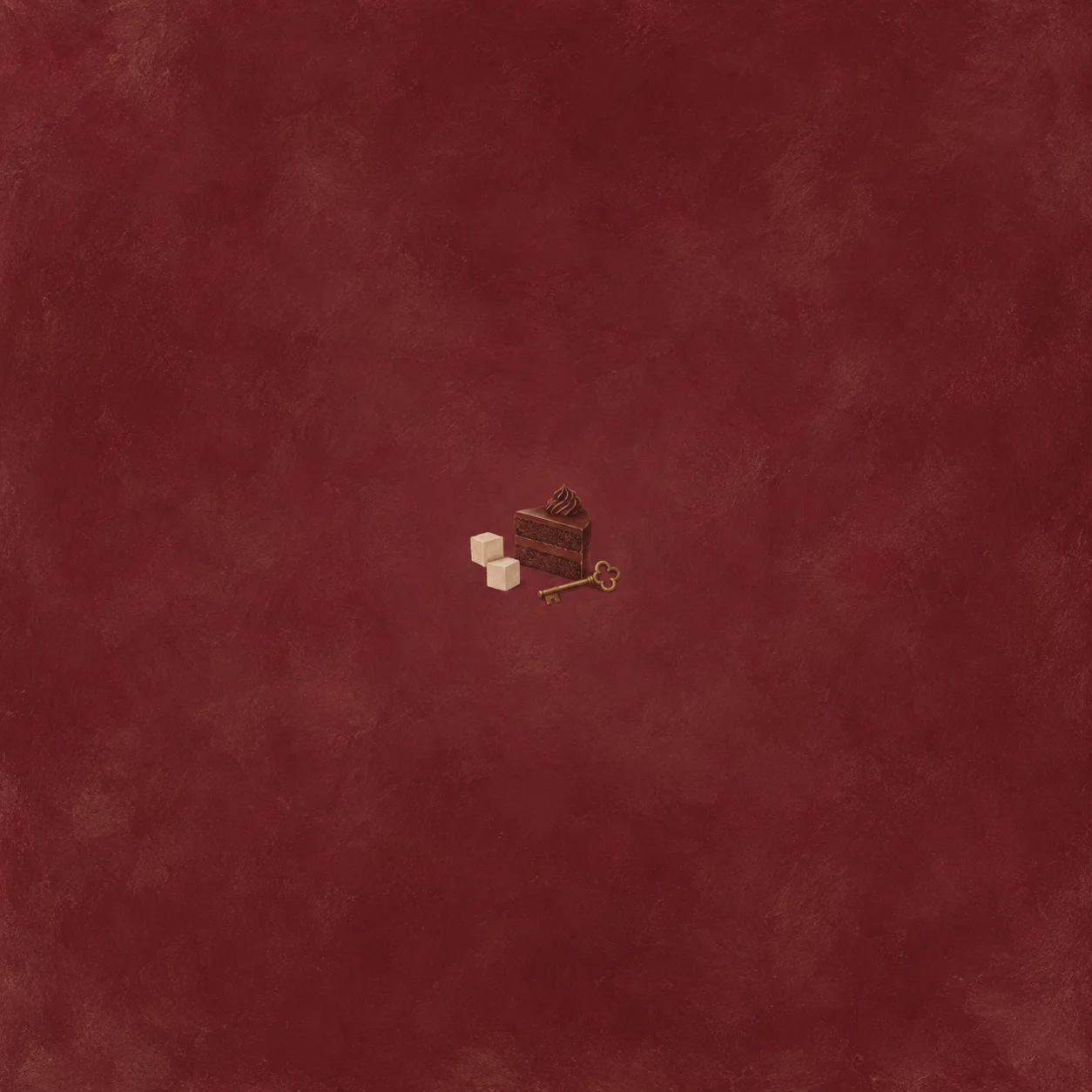A chocolate cake slice beside two cream-colored cubes and a gold key on a burgundy background.