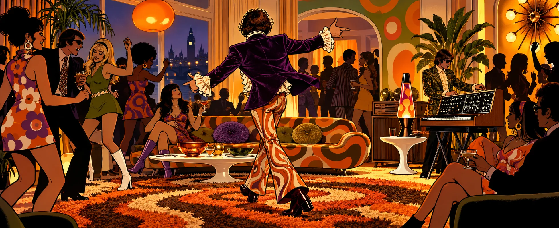 A man in a velvet jacket and flared trousers struts through a psychedelic 1960s London party, seen from behind.