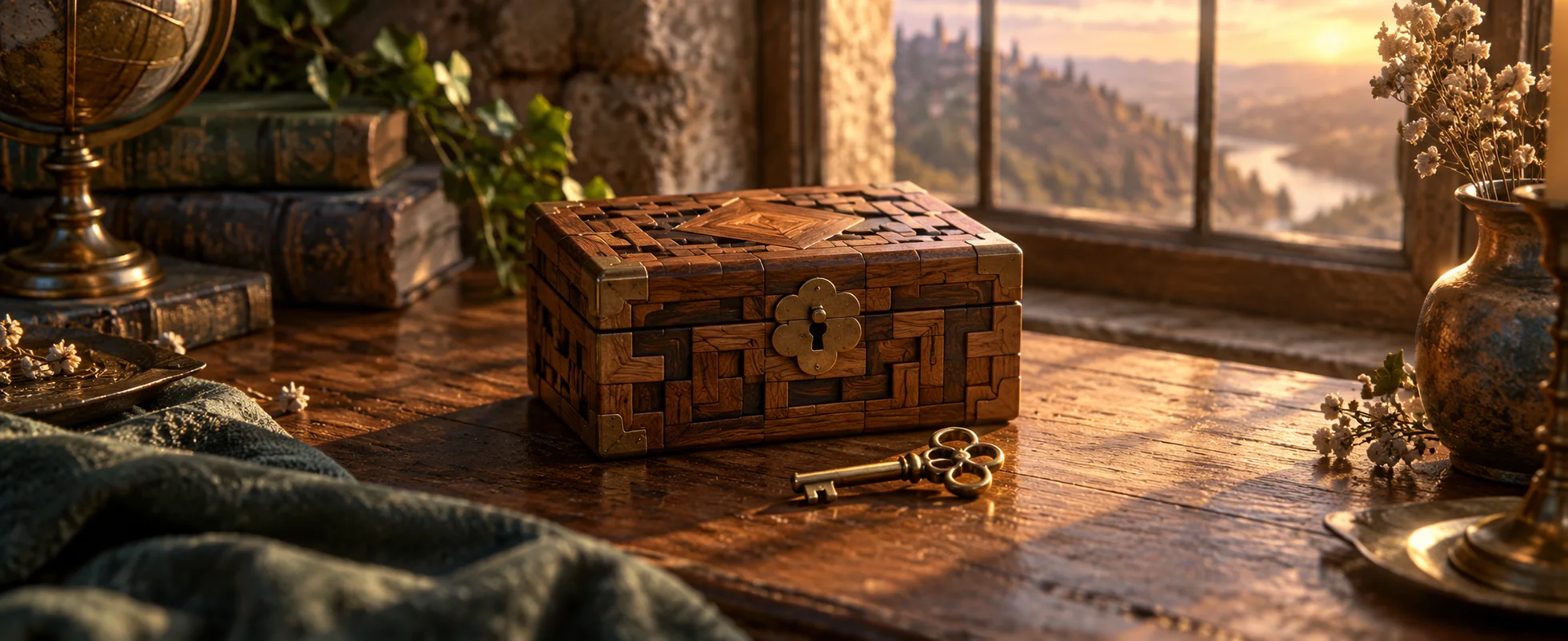 A small brass key rests beside a closed wooden puzzle box in warm window light.