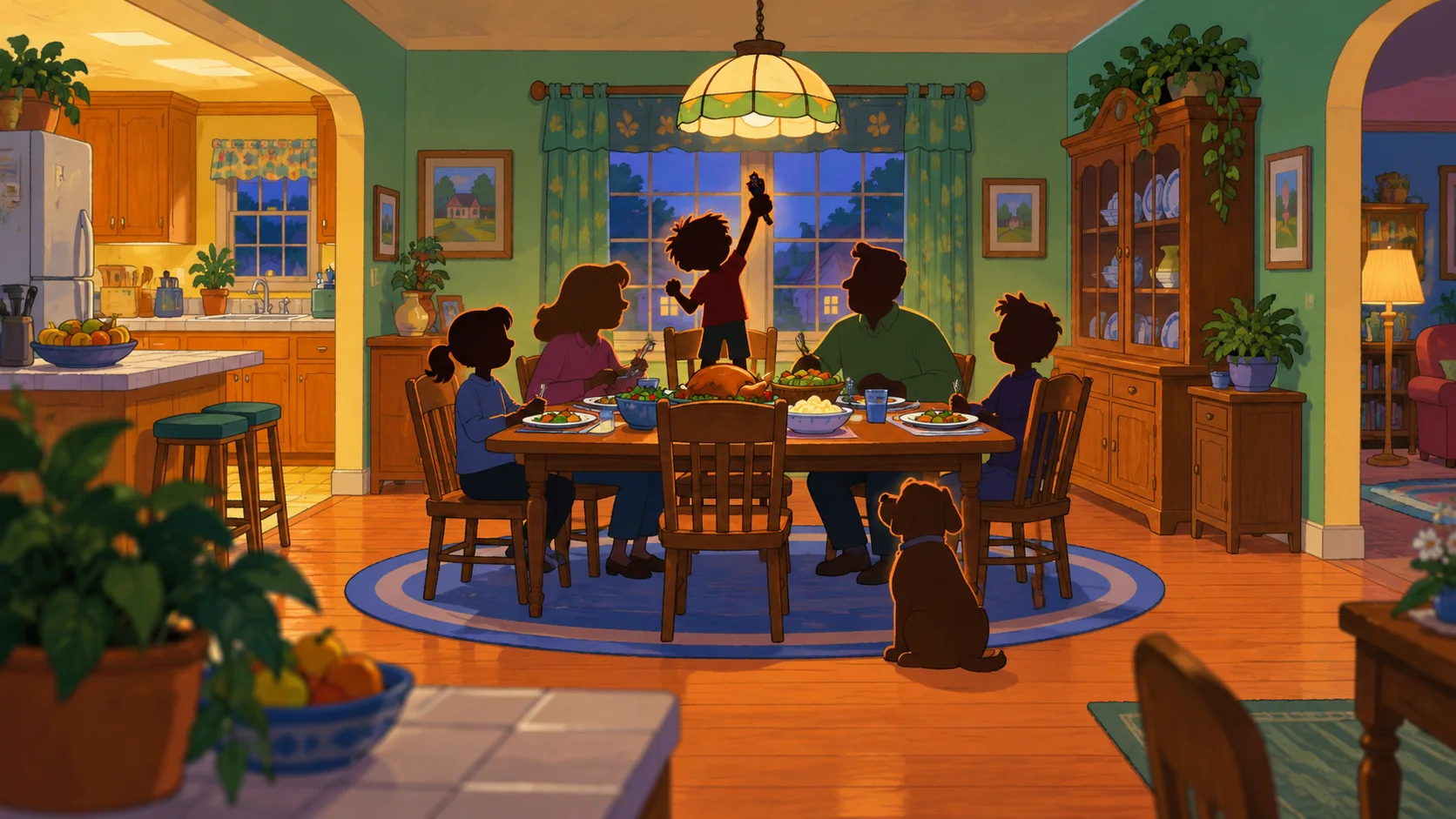 Cartoon: a baby stands on a family dinner table, arm raised in triumph, as the family looks on.