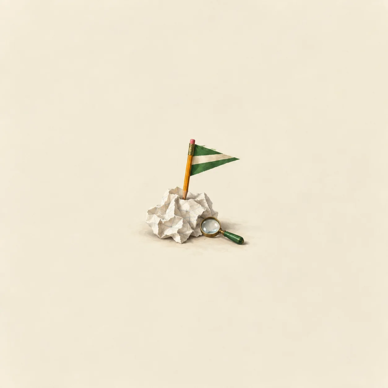 A green-and-white pennant on a pencil rises from crumpled paper beside a small magnifying glass.