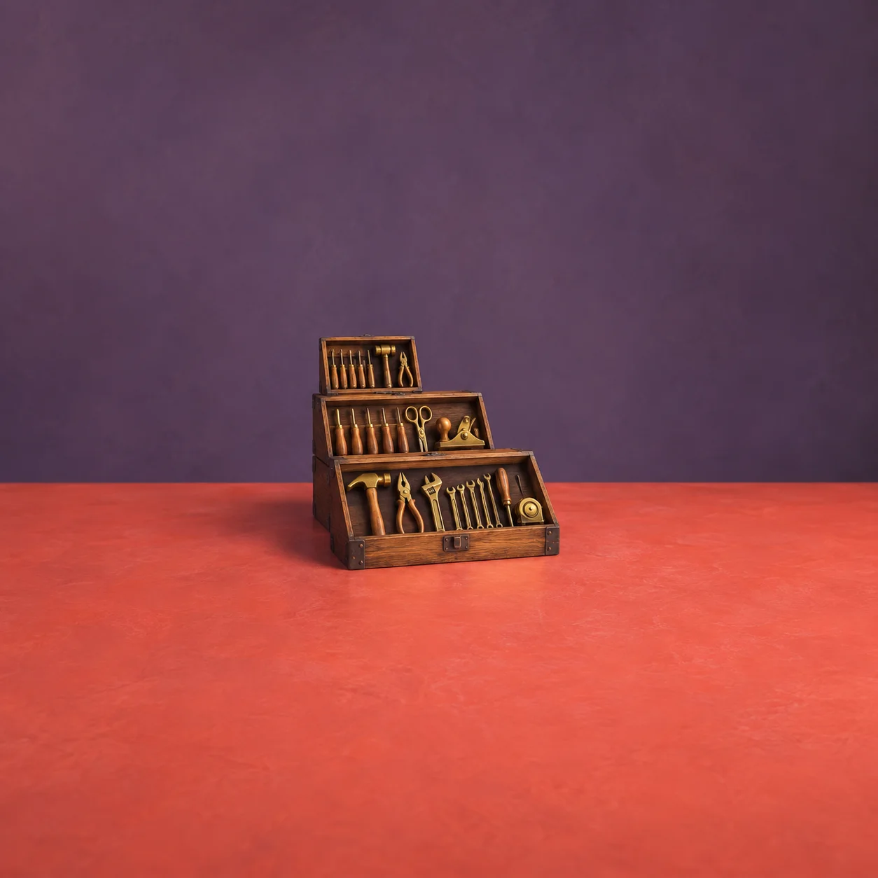 Three open wooden tool trays form steps, each displaying small brass tools against coral and purple.