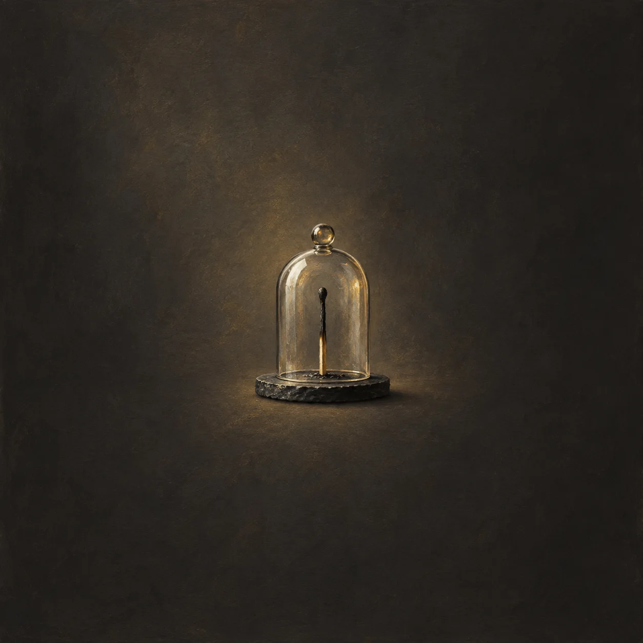 Glass dome covering a single charred match on a slate base
