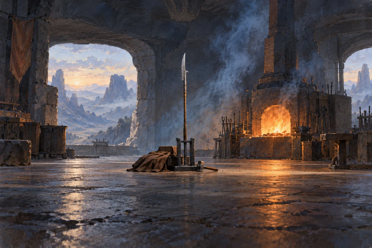An unmarked silver polearm stands in a quiet forge, with a folded brown cloak and repair hammer at its base.