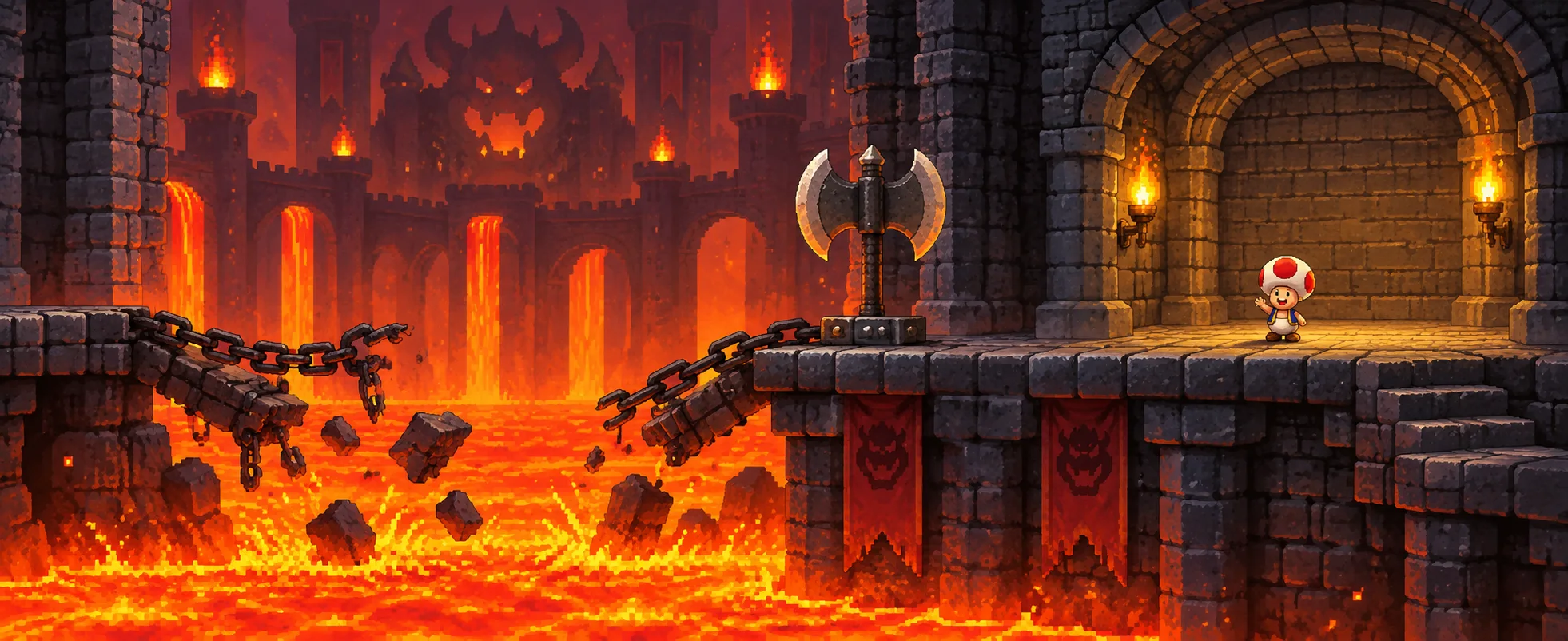A tiny mushroom-capped retainer waves in thanks from an empty chamber beyond a collapsed bridge over lava in a dark castle.