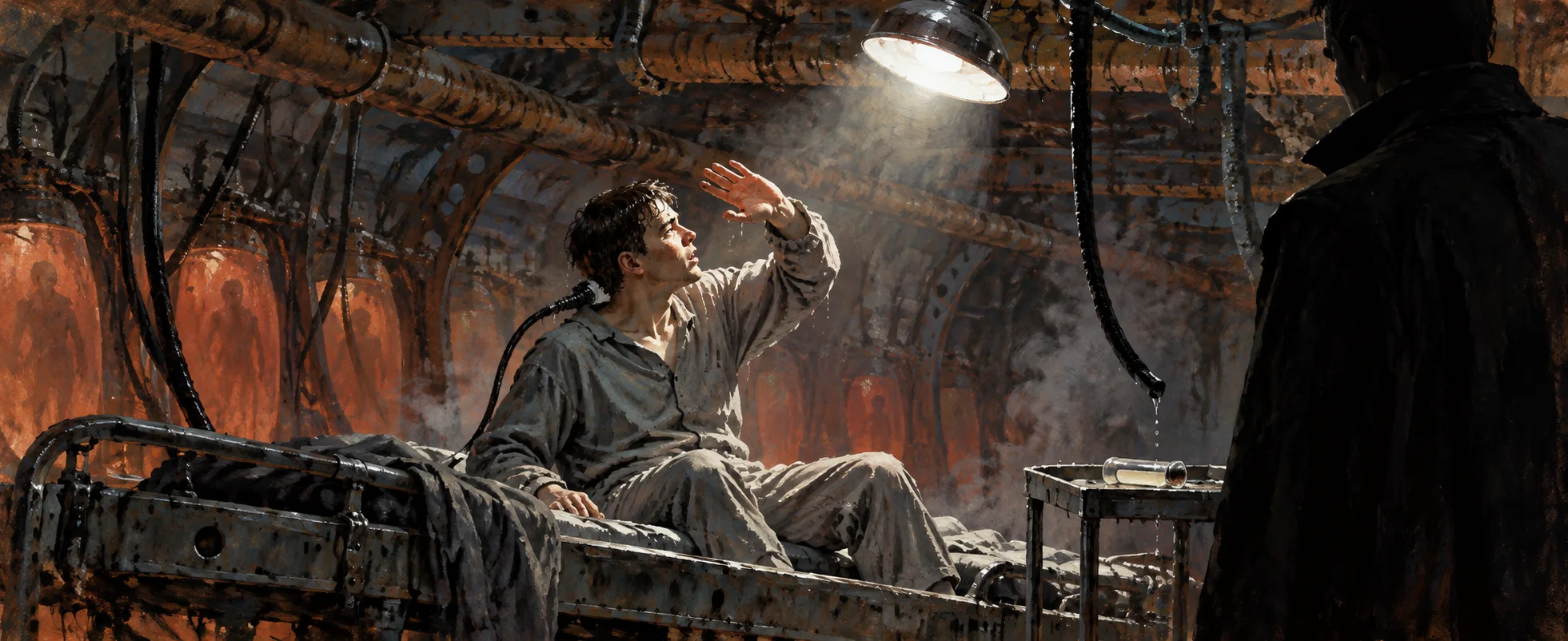 A pale young man on a rusted steel gurney shields his eyes from a lamp in the dim red hold of a hovercraft.