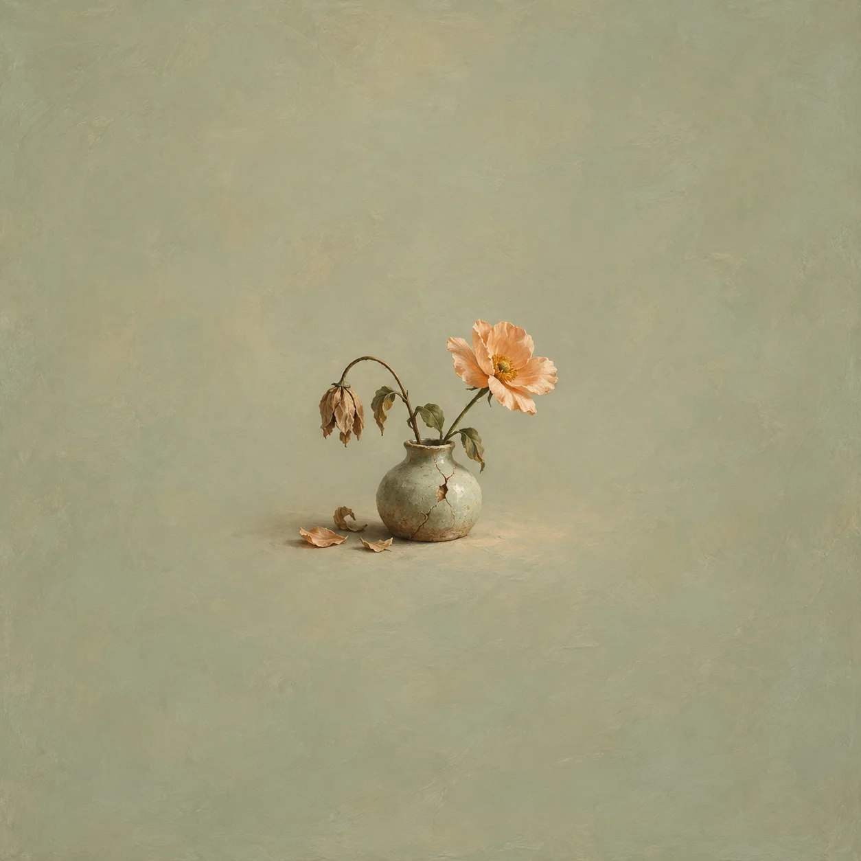 Wilted stem and fresh apricot bloom in a low cracked vase, with drooping buds, leaves and fallen petals