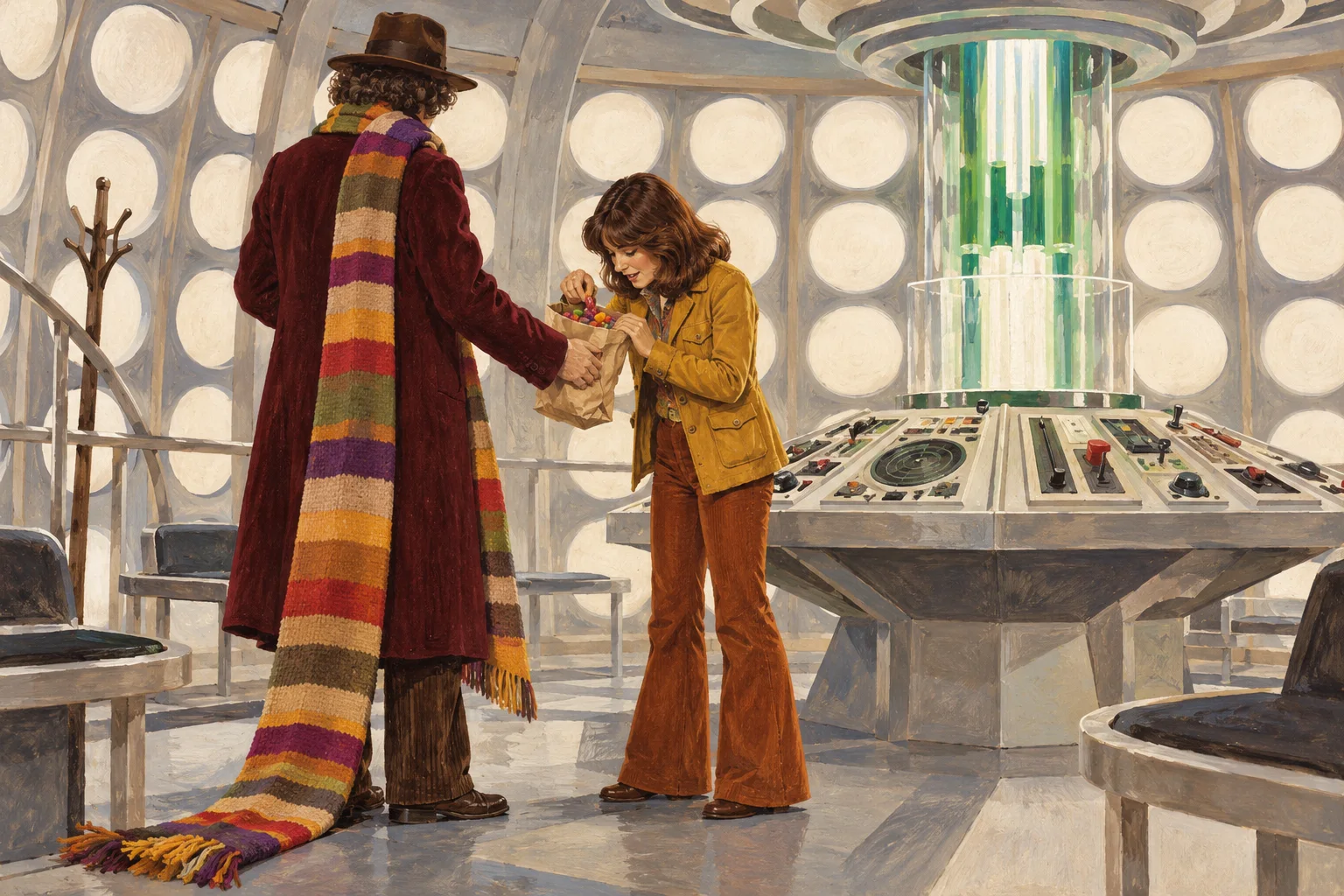 A tall man in a floppy hat and an endless striped scarf, seen from behind, offers a paper bag of sweets to a young woman in a white-roundelled control room.
