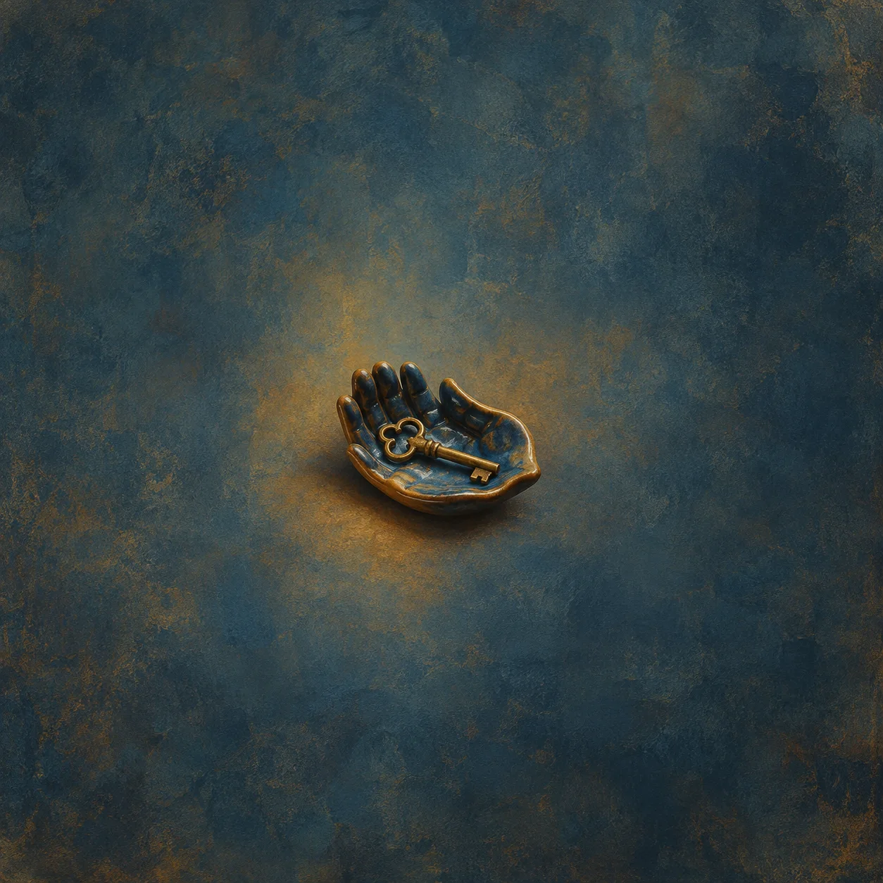 Weathered brass key placed inside a palm-shaped ceramic dish