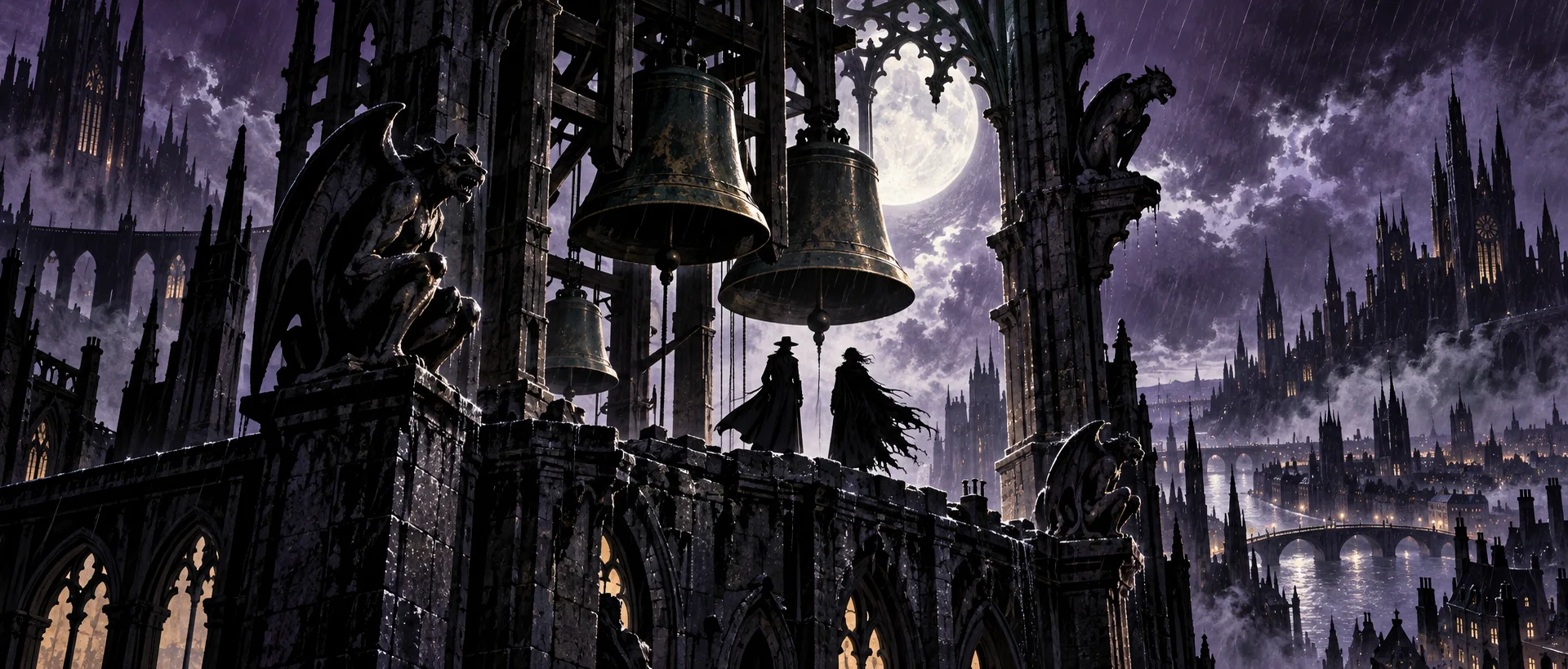 Two dark silhouettes stand on a gothic cathedral bell tower under a full moon, huge bells and gargoyles around them above a rain-swept city.
