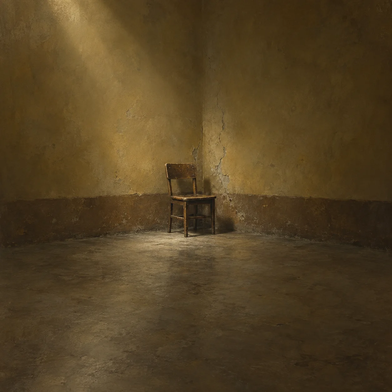 Painterly worn wooden chair beside cracks in a mustard-colored wall under soft light.