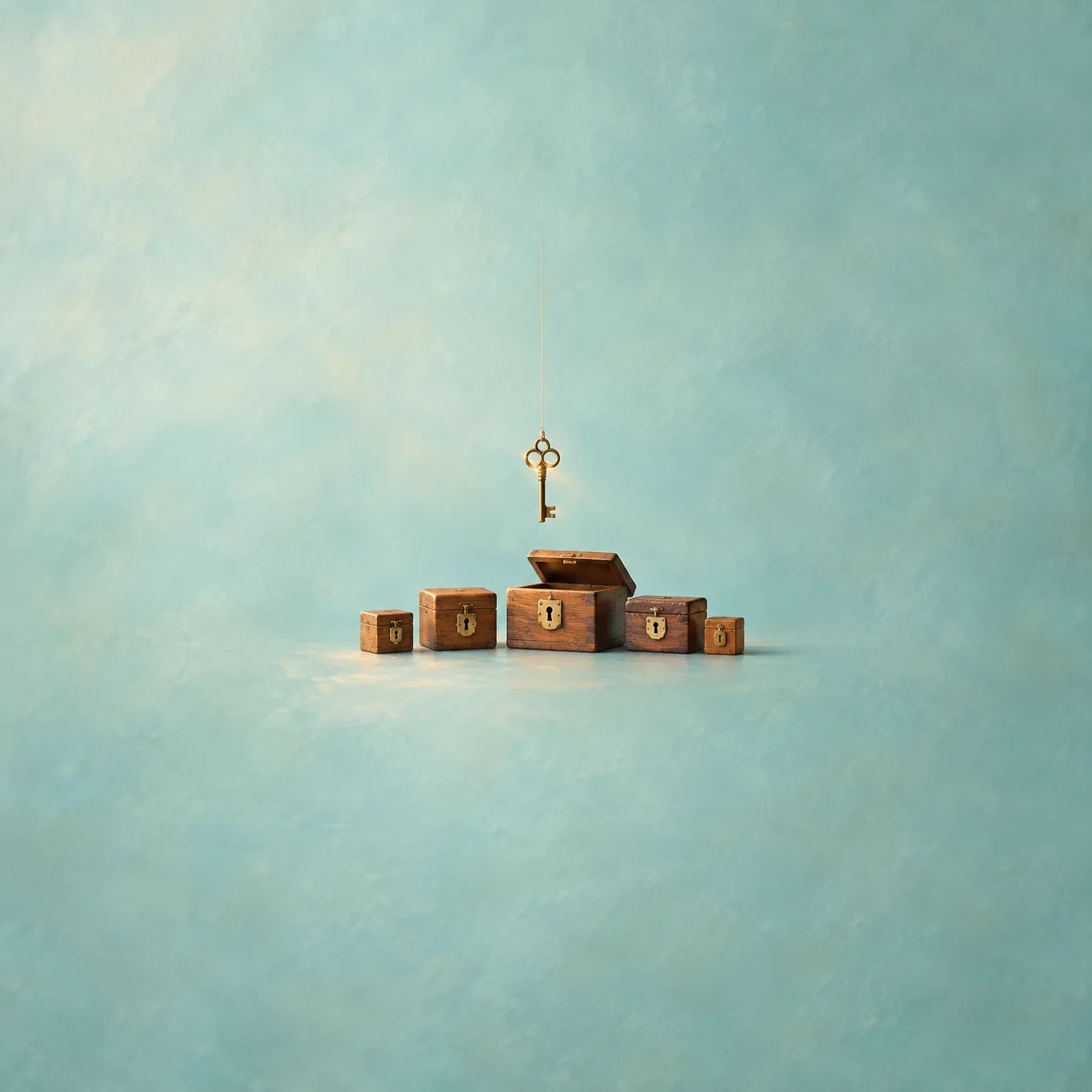 A brass key hangs above a row of small wooden boxes, one with its lid open.
