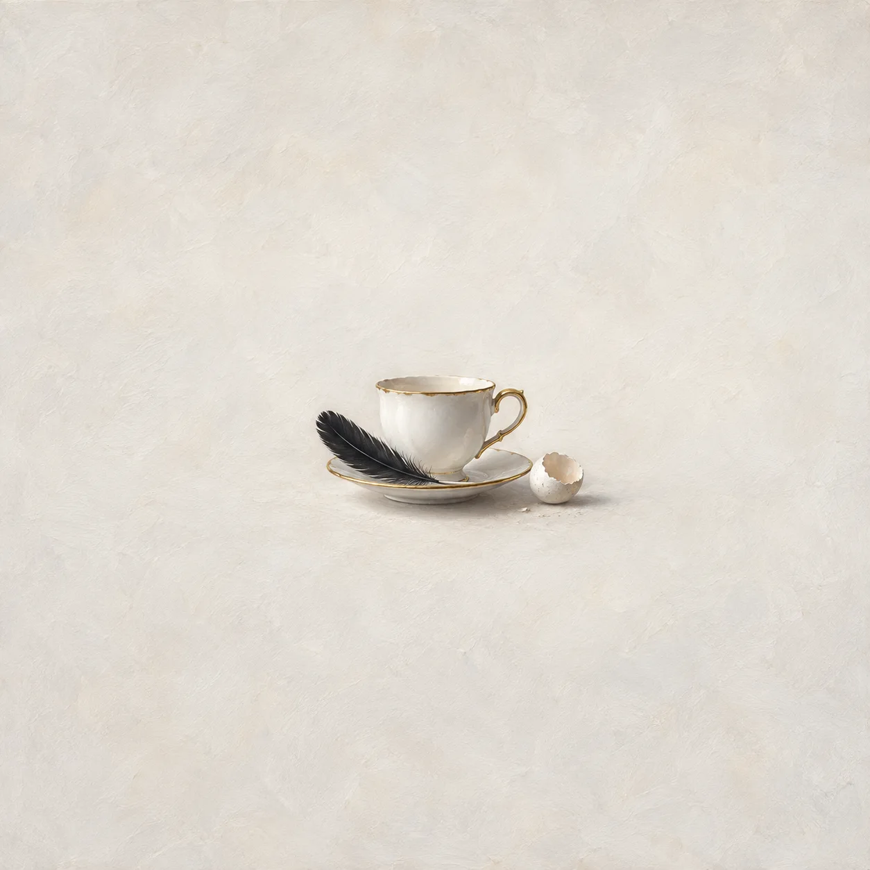 A gold-rimmed white teacup and saucer sit beside a black feather and a cracked eggshell.