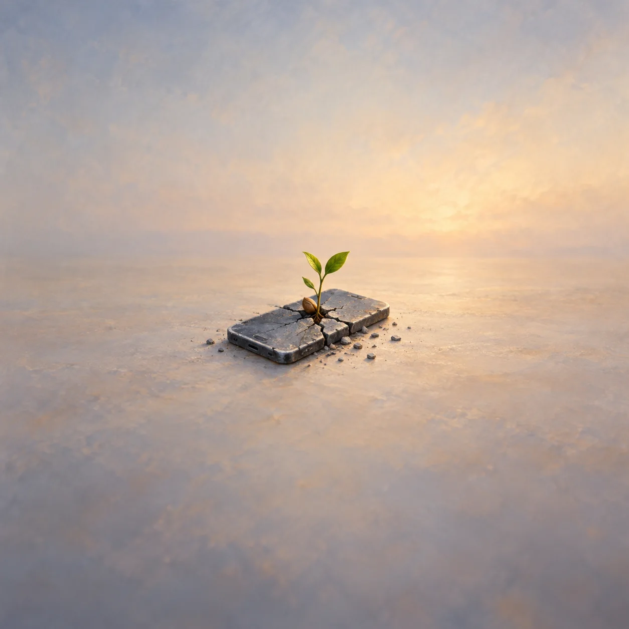 Painterly green seedling growing through a cracked rectangular stone slab in warm light.