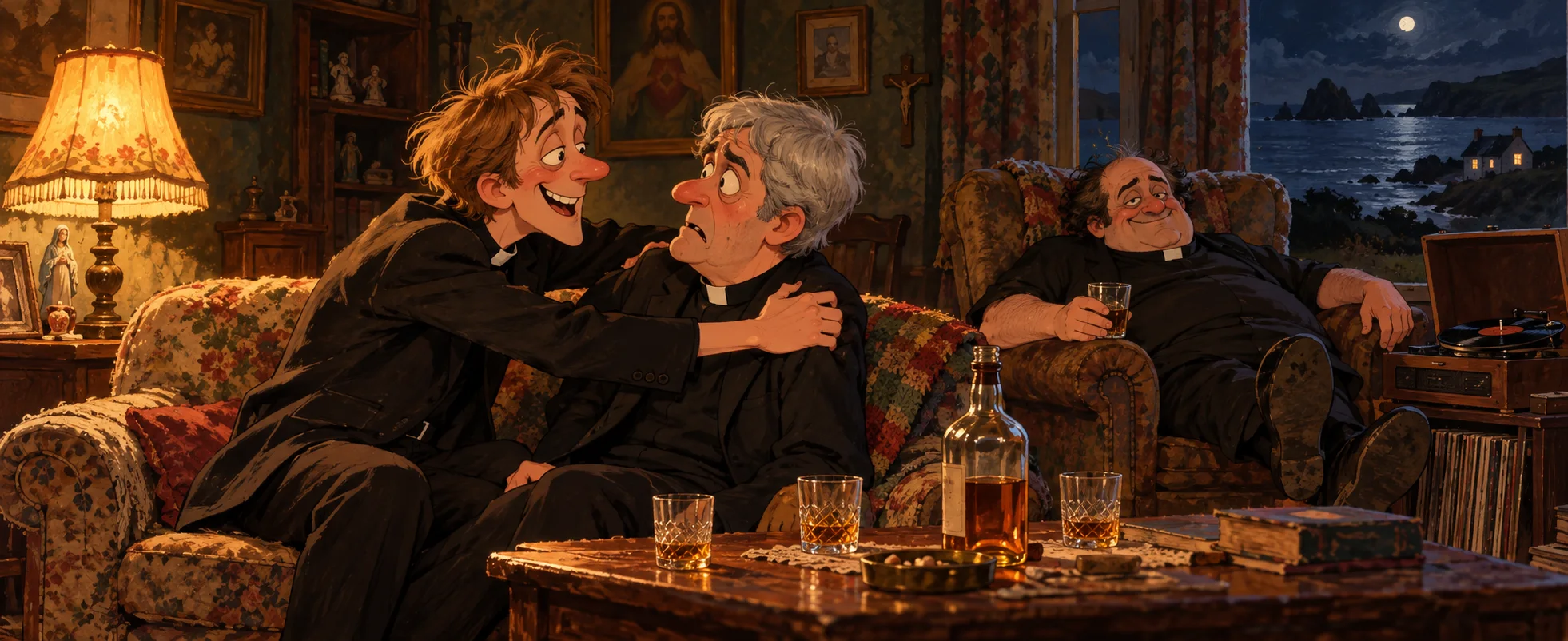 At night in the lamp-lit sitting room, a tipsy, grinning Dougal grips an appalled Father Ted by the shoulders, while the hulking Father Fintan Stack lounges in an armchair by a record player with whiskey on the table.
