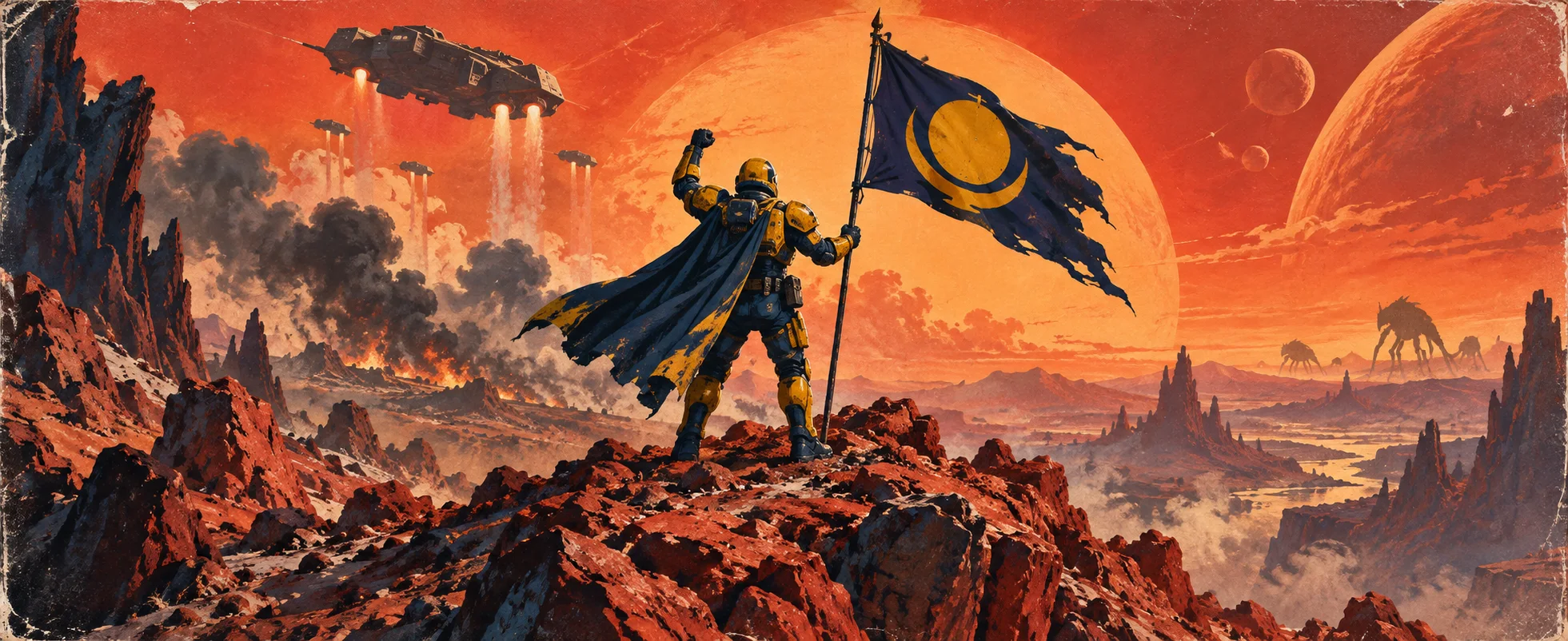 An armoured trooper plants a flag on a rocky alien ridge as dropships descend through red skies.