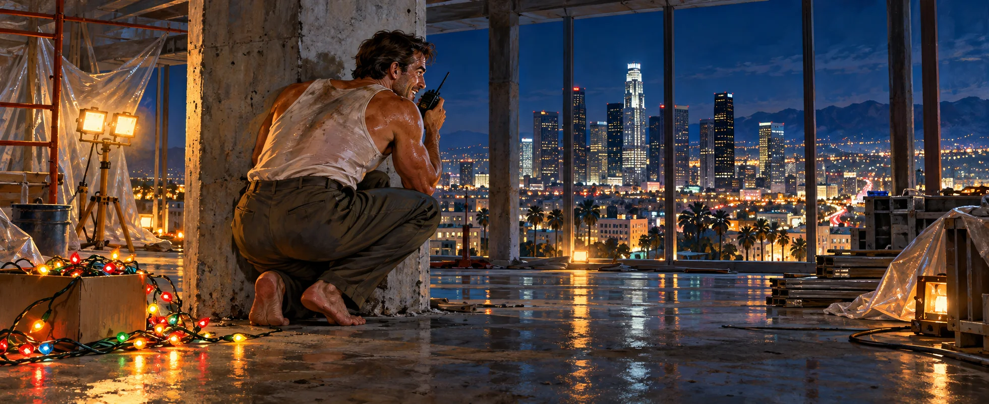 A barefoot man in a sweat-stained vest crouches by a pillar on an unfinished skyscraper floor at night, talking into a walkie-talkie, Christmas lights trailing.