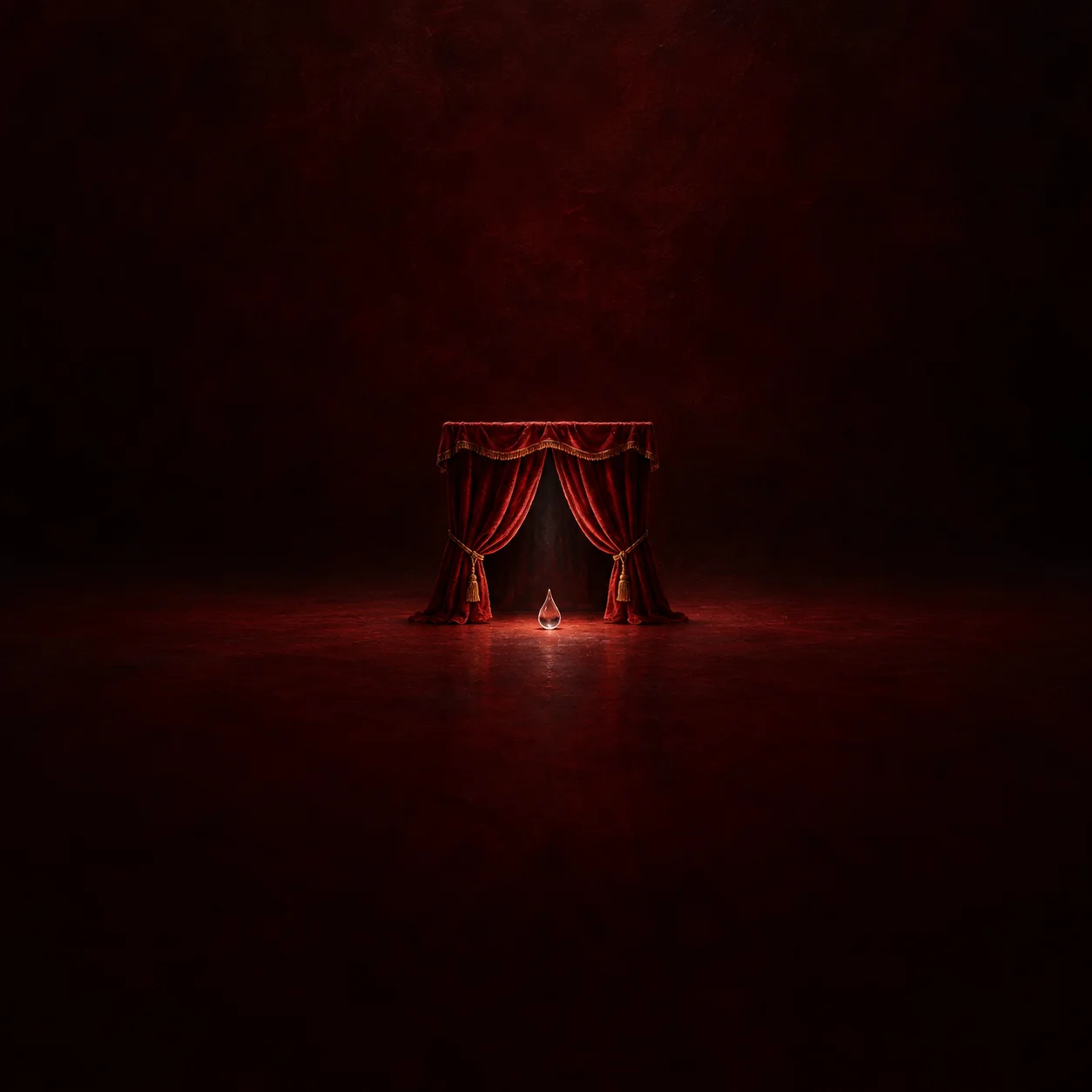 Red velvet curtains frame a miniature stage with a single clear glass teardrop on its floor.