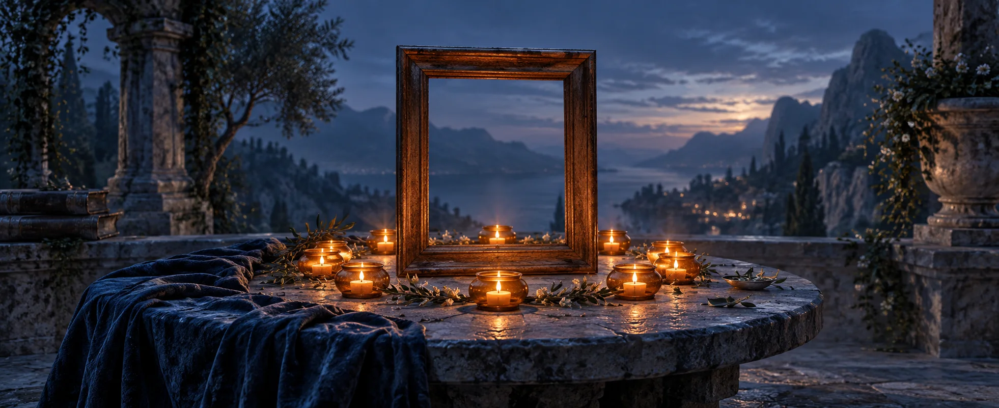 A circle of small amber candles surrounds an empty wooden frame on a blue-lit stone table.