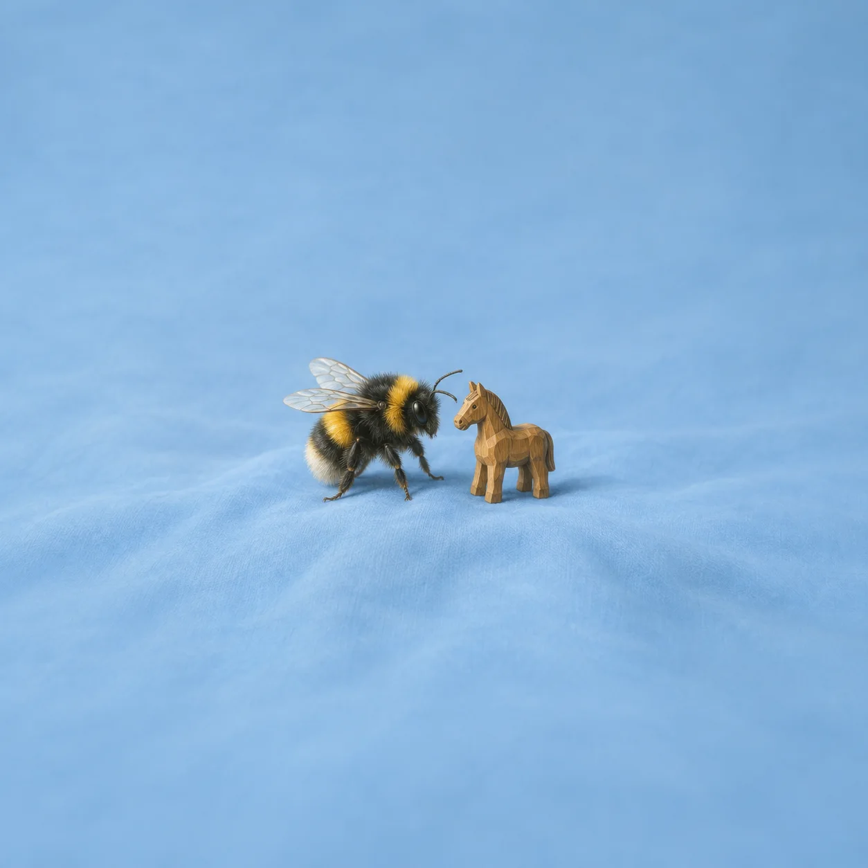 A fuzzy bumblebee faces a small carved wooden horse on blue cloth.