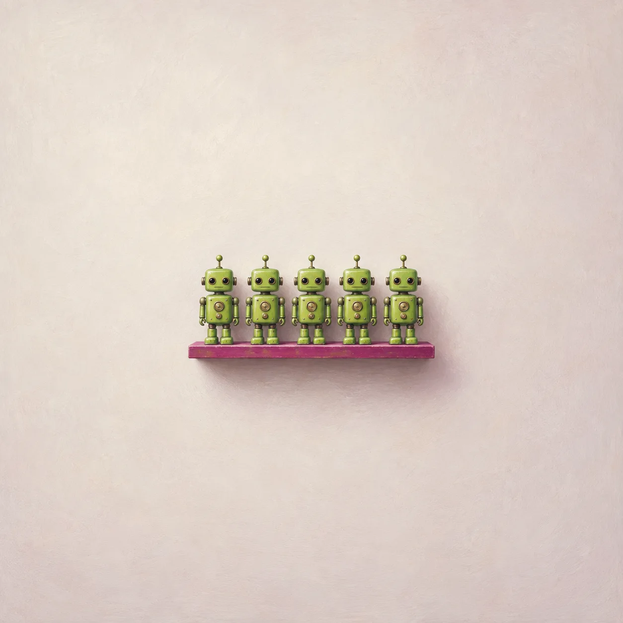 Five matching lime-green toy robots lined up on a magenta shelf.