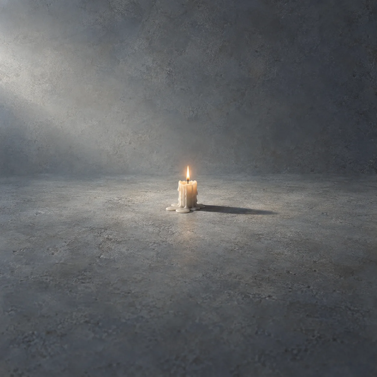 A short lit wax candle with a small pool of wax on cool grey concrete, casting a sharp shadow to one side.