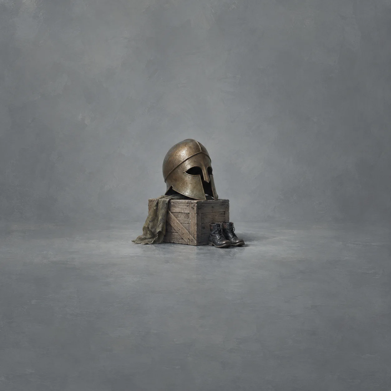 A large metal helmet rests on a wooden crate beside a draped cloth and a small pair of black boots against a grey background.