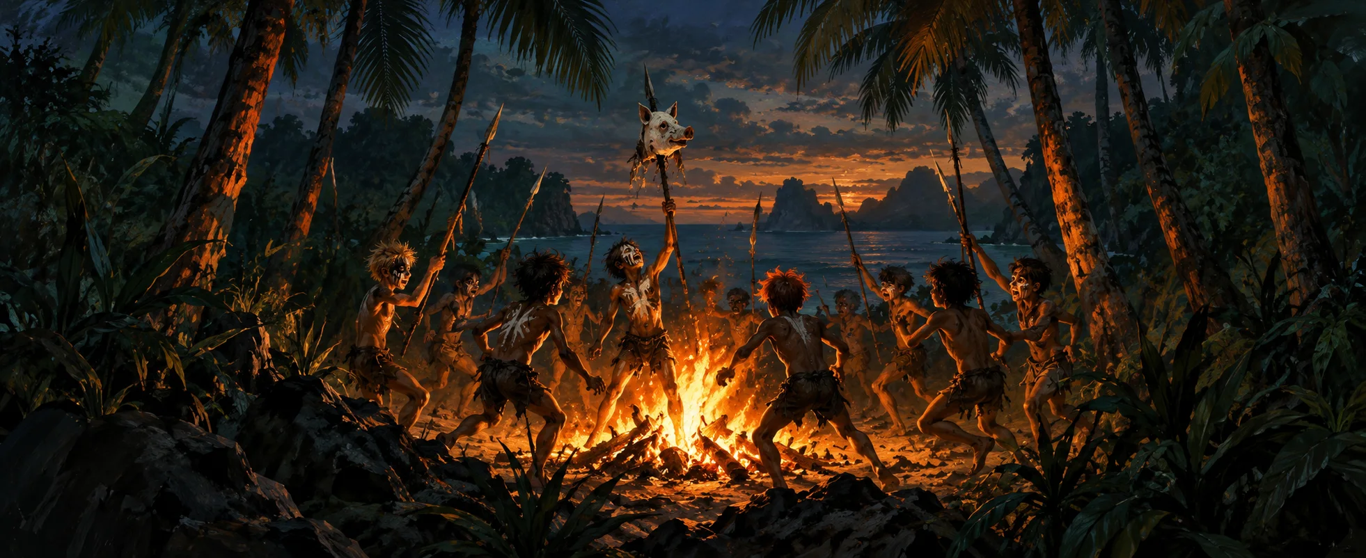 Boys with painted bodies dance around a roaring fire on a tropical island at dusk, spears raised and a pig's skull held high on a stick.