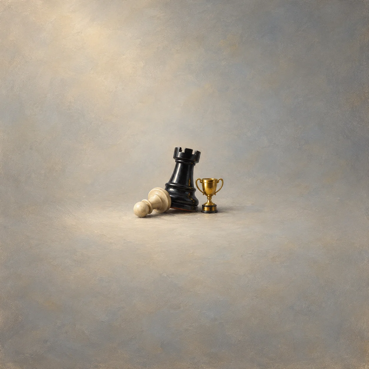 Painterly black chess rook beside a fallen white pawn and a small gold trophy.
